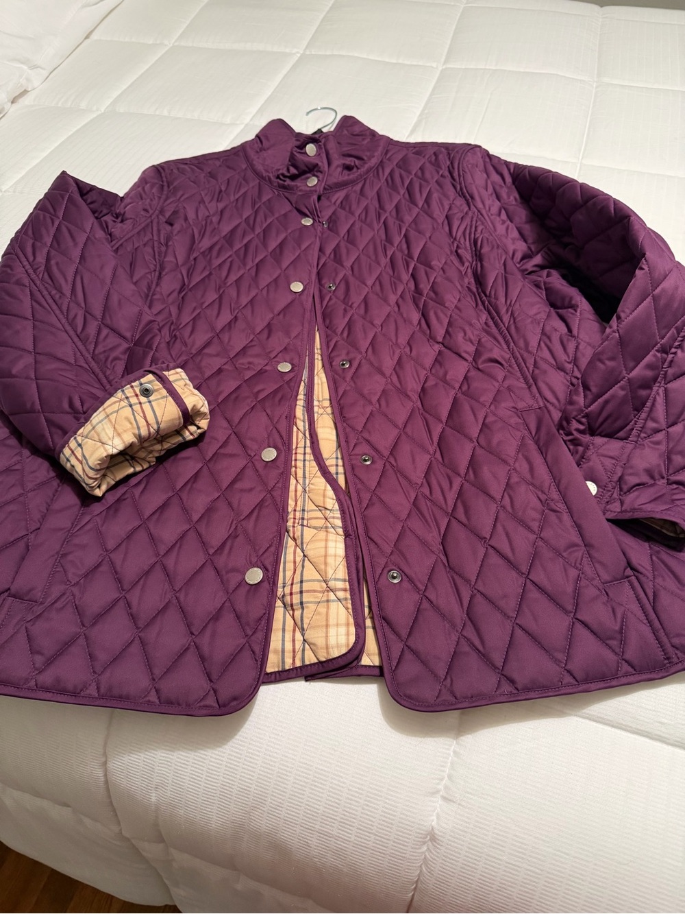 L.L. Bean Quilted Plum Diamond-Pattern Jacket with Burberry Plaid Lining - XL